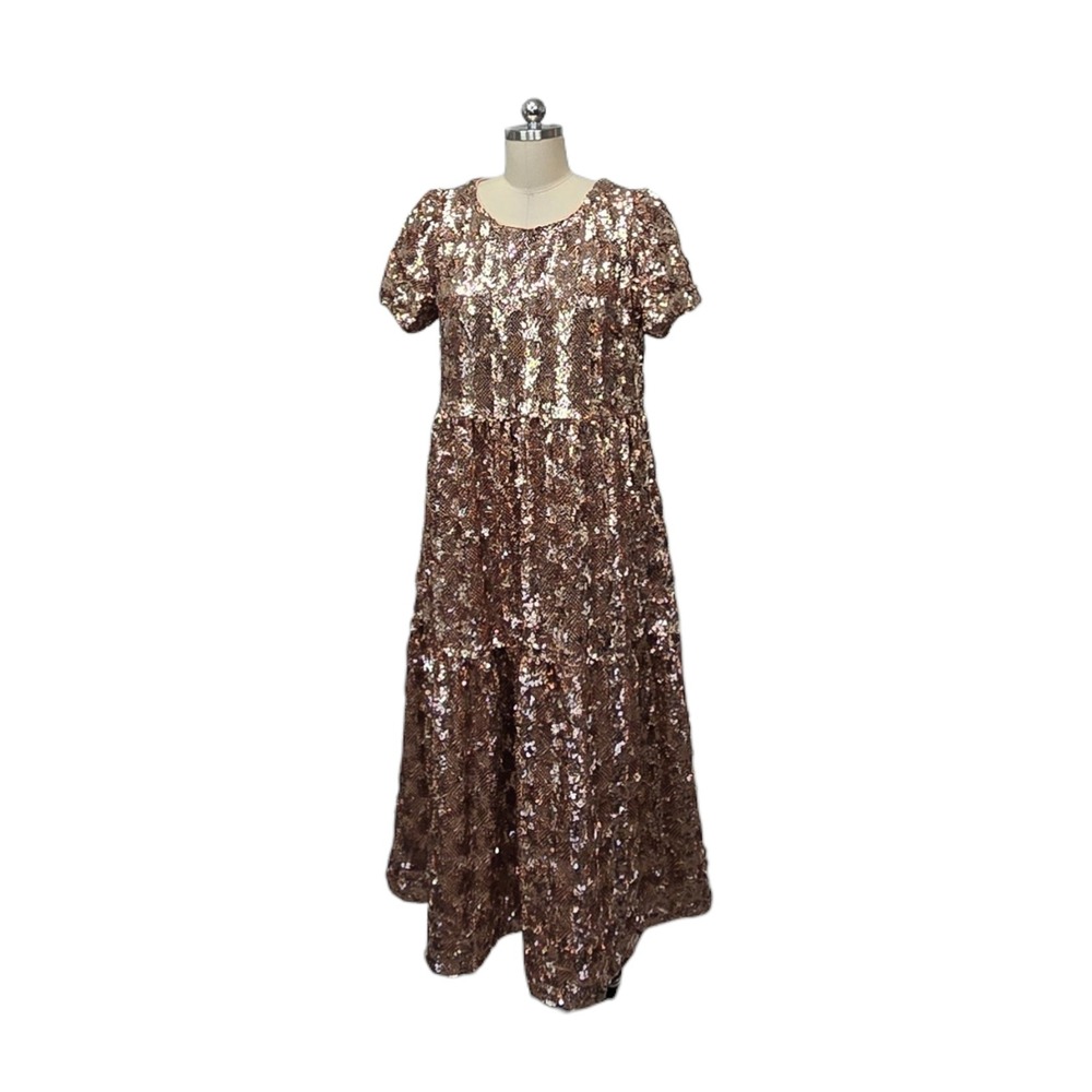Maeve Anthropologie Rose Gold Sequin Tiered Maxi Dress Pink‎ Short Sleeve Small